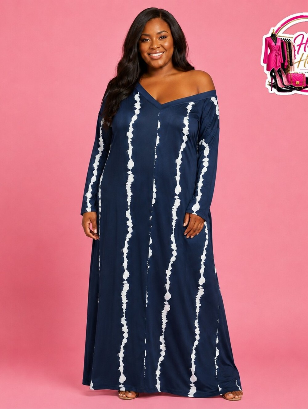 Plus Size Navy Tie-Dye Off-Shoulder Maxi Dress